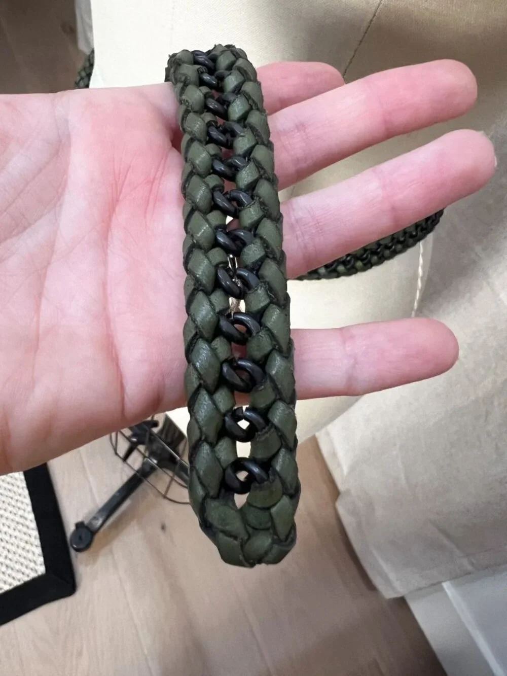 J. Crew Braided Leather Chain 3/4" Narrow Belt Olive M/L - Picture 3 of 3